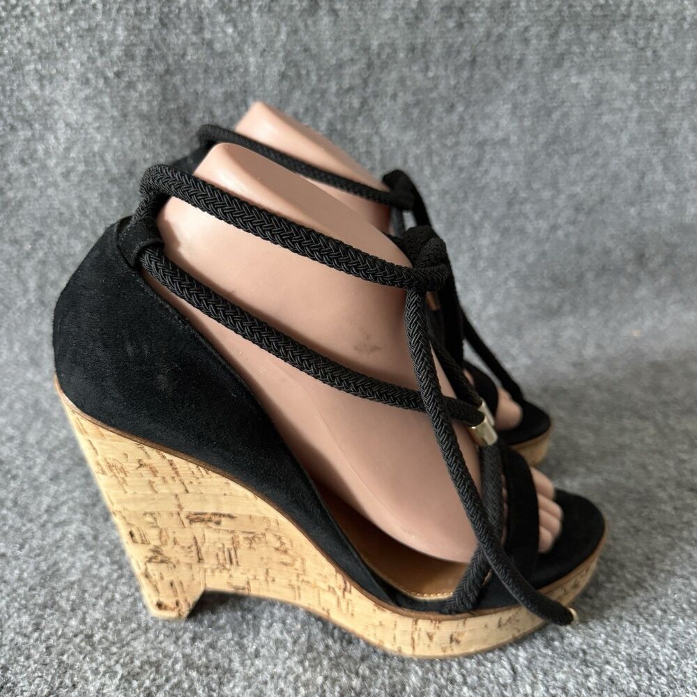 Elie Tahari Strappy Wedge Sandals Black Suede Lace Up Metal Trim Women’s 38.5